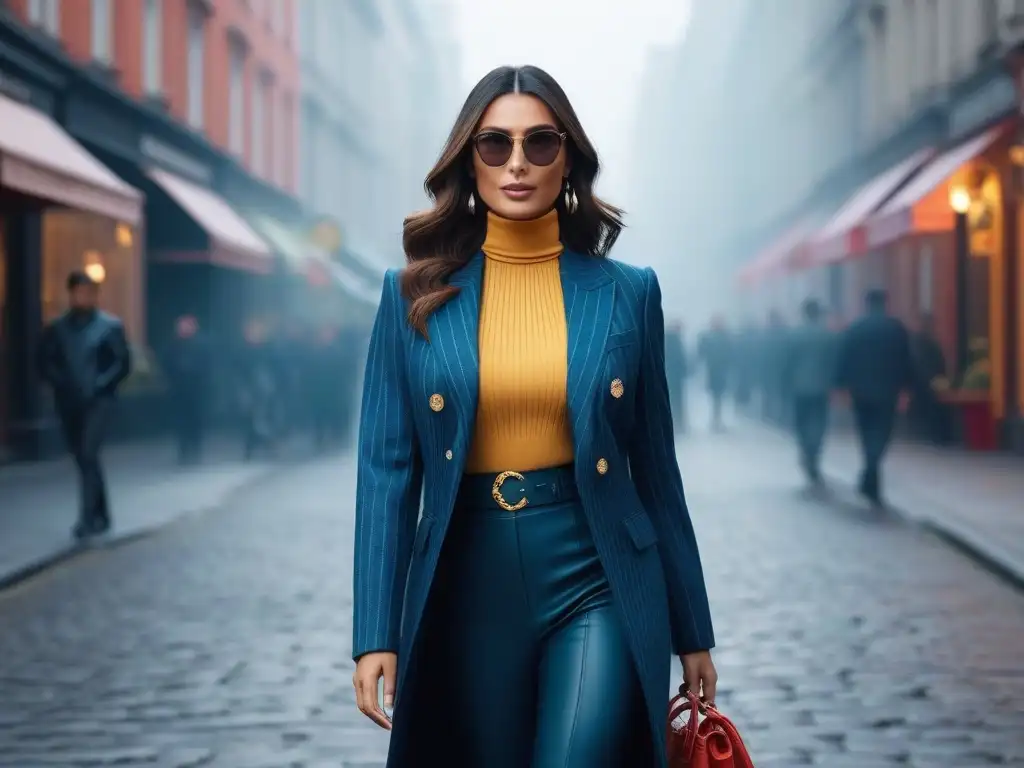 Estilo y salud sin gluten: mujer moderna y vibrante Una mujer moderna y elegante camina confiada por la ciudad rodeada de opciones saludables sin gluten, reflejando un estilo de vida trendy y saludable