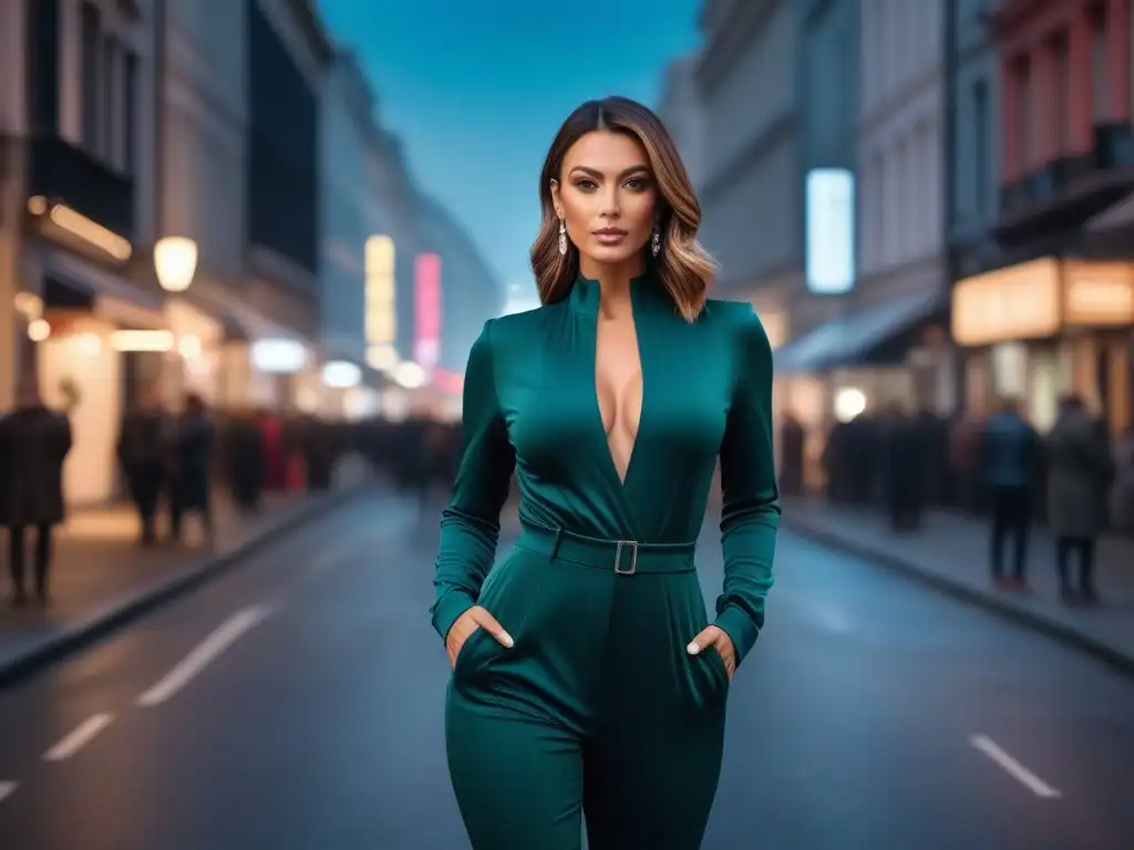 Estilosa mujer petite luciendo jumpsuit ajustado en la ciudad Una mujer moderna y con estilo, luciendo un mono perfectamente ajustado en un entorno urbano de moda