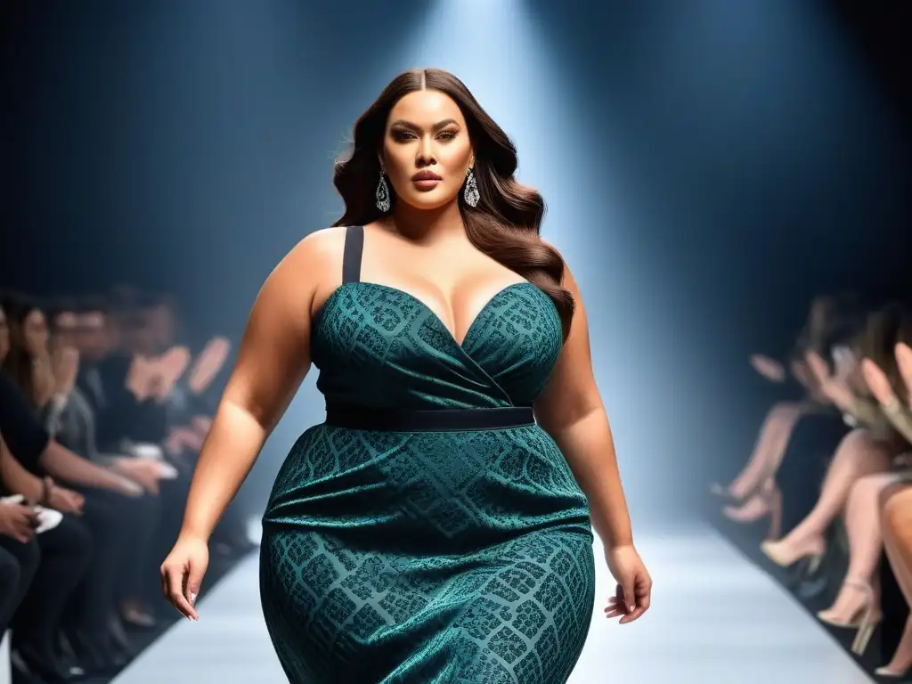 Desfile de moda empoderador para mujer plussize Una mujer plus size deslumbra en pasarela con moda inclusiva, desafiando estándares con empoderamiento y estilo vibrante