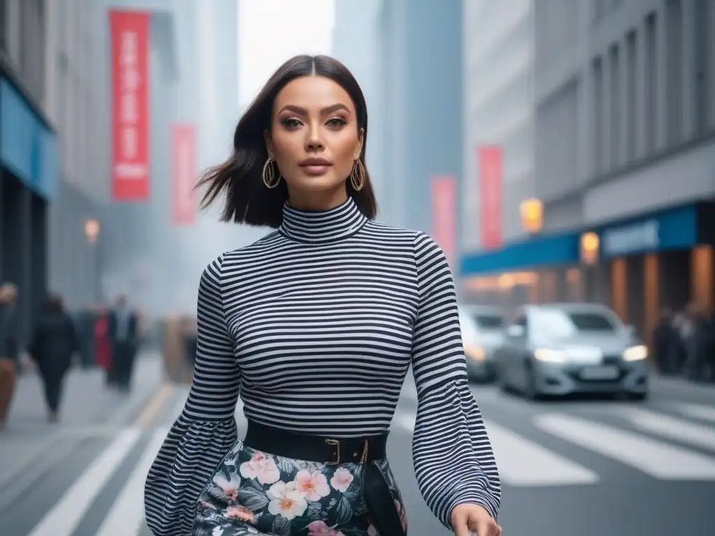 Estilo urbano: mujer combinando estampados en la ciudad Una mujer pequeña camina con confianza por la ciudad, combinando estampados en su atuendo con estilo