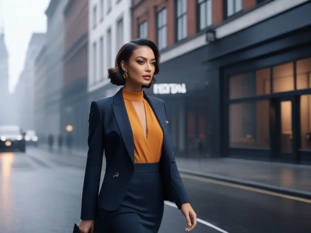 Elegante mujer petite deslumbrando en la ciudad Una mujer pequeña y elegante desfila con confianza por una concurrida calle de la ciudad, luciendo un atuendo chic que realza su figura petite