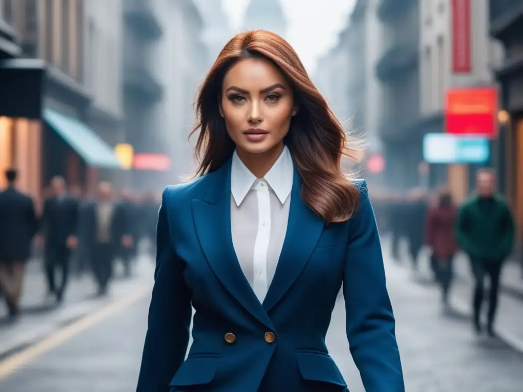 Empoderamiento en la ciudad: mujer confiada y elegante Una mujer pequeña y elegante camina con confianza por la bulliciosa ciudad, destacando su impacto y sofisticación en la ropa petites