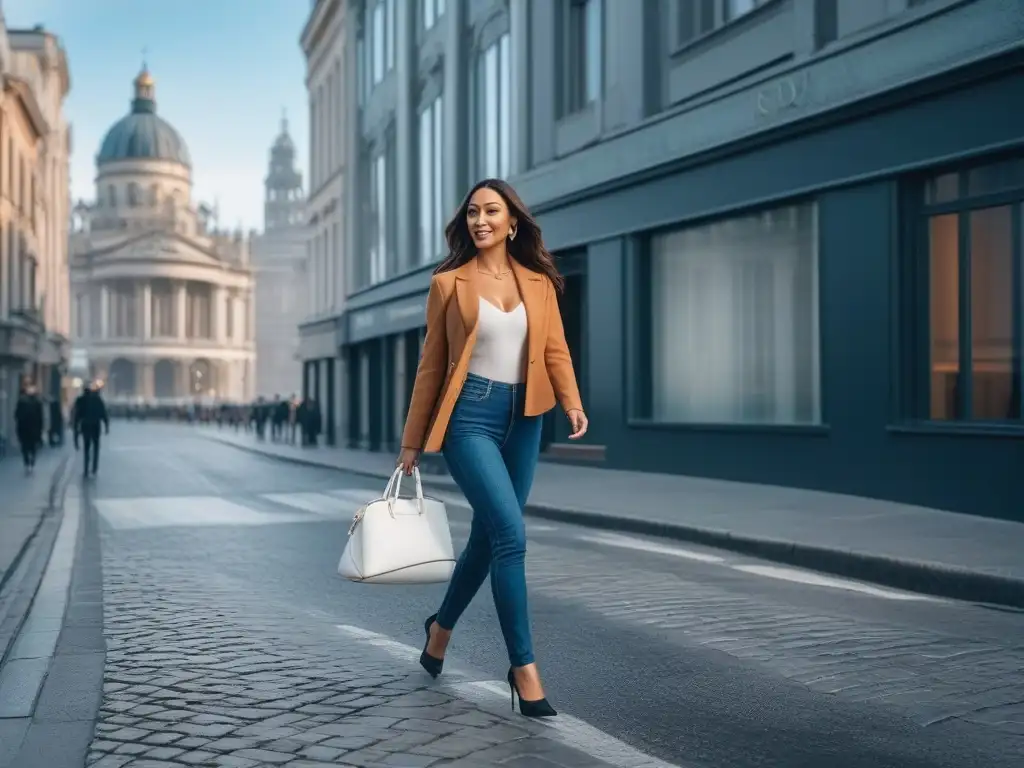 Empoderamiento y estilo: moda sostenible para mujeres pequeñas Una mujer pequeña camina con estilo por la ciudad en moda sostenible para cuerpos pequeños