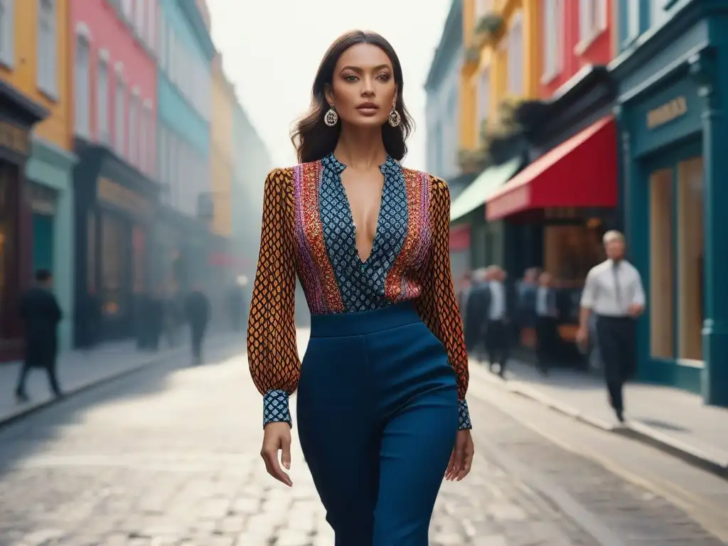 Moda urbana: mujer pequeña con estampados vibrantes Una mujer pequeña con estilo camina confiada por una bulliciosa calle de la ciudad, luciendo una blusa estampada vibrante y pantalones modernos