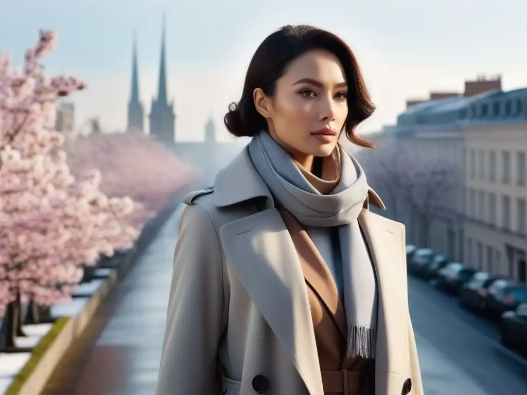 Transición de moda: Trench coat y bufanda en la ciudad Una mujer pequeña con estilo, luciendo prendas de transición para petite en un entorno de invierno a primavera en la ciudad