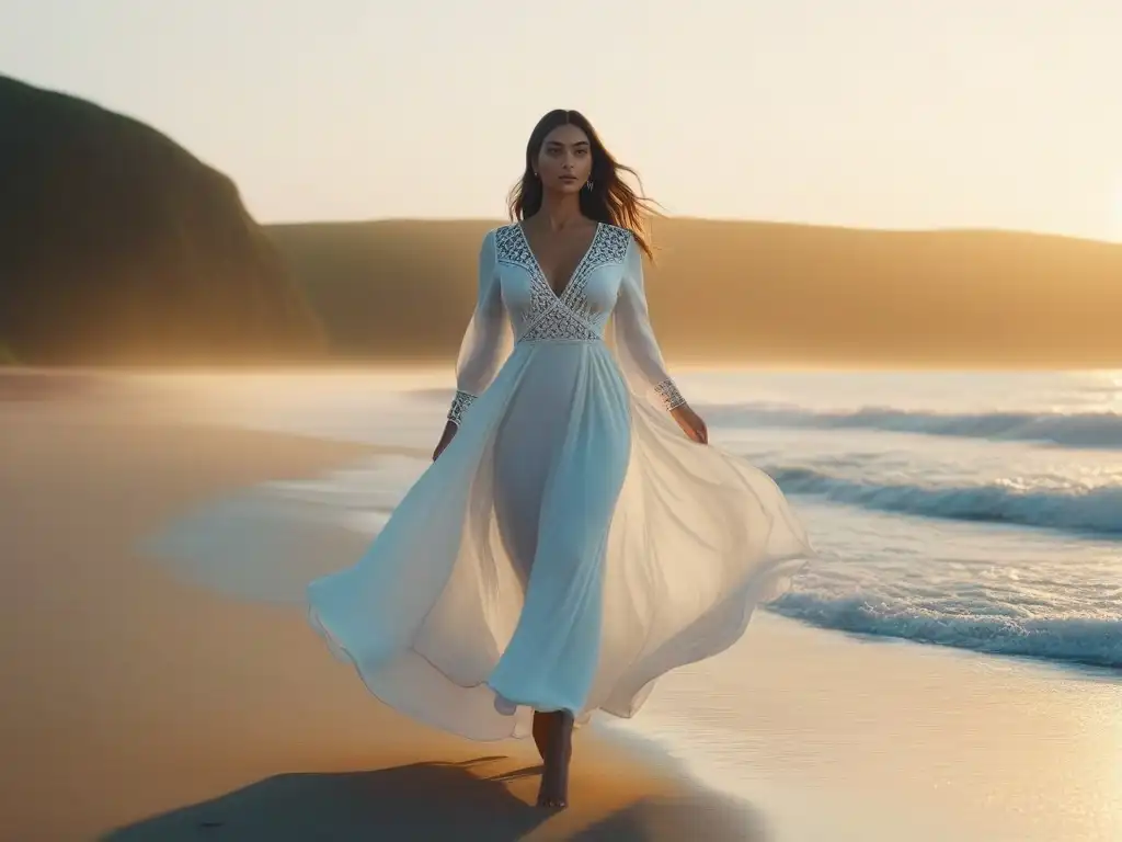 Puesta de sol en la playa: mujer en vestido blanco Una mujer pequeña camina en la playa al atardecer, vistiendo un elegante vestido blanco que ondea suavemente en la brisa cálida