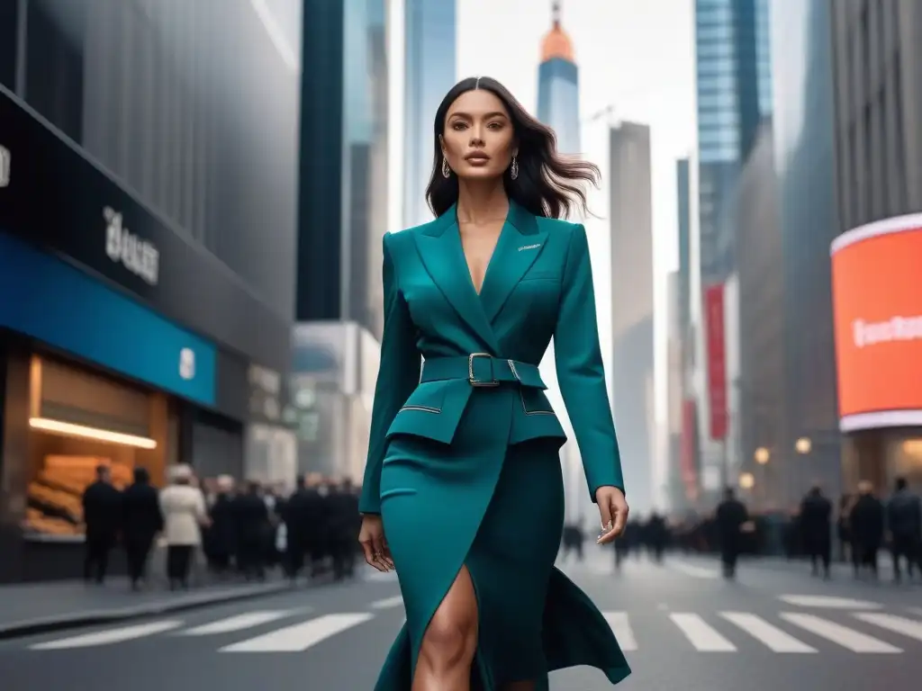 Petite pero poderosa: Moda sostenible en la ciudad futurista Una mujer pequeña y poderosa desfila en una calle urbana, luciendo un atuendo sostenible
