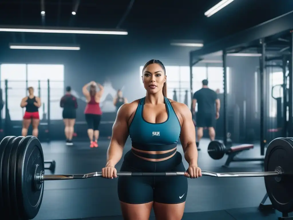 Empoderamiento en el gimnasio: mujer curvy levantando pesas Una mujer plus size levanta pesas con determinación en un gimnasio lleno de diversidad y motivación