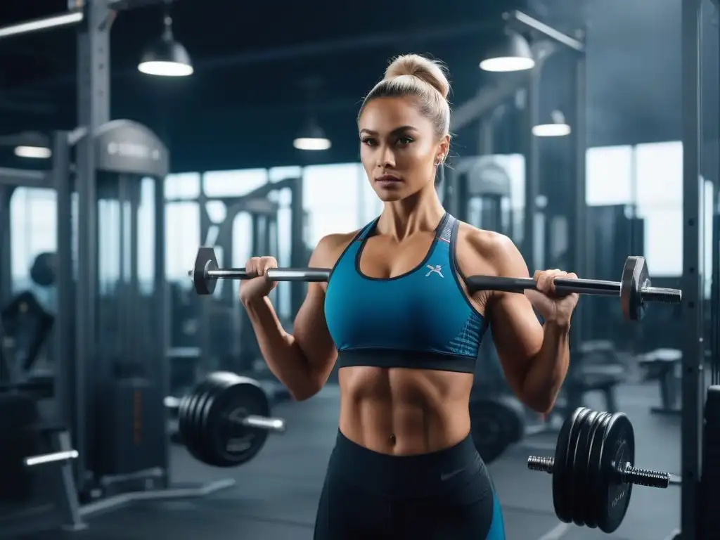 Empoderamiento femenino: mujer fuerte levantando pesas en gimnasio moderno Una mujer petite levanta pesas en un gimnasio moderno, mostrando fuerza y gracia