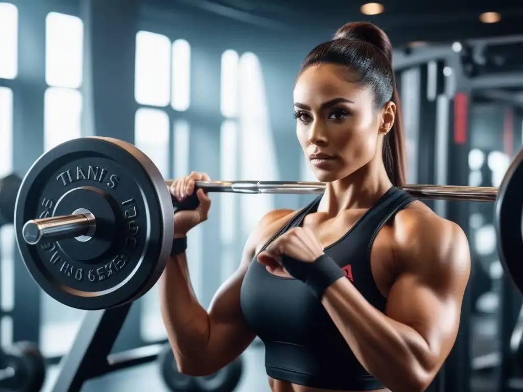 Empoderamiento en el gimnasio: Mujer fuerte levantando pesas Una mujer petite levanta pesas en un gimnasio moderno, reflejando fuerza y determinación