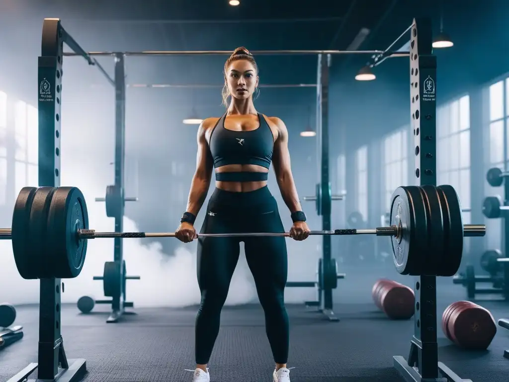 Mujer empoderada levantando pesas en un gimnasio moderno y motivador Una mujer petite levanta pesas con determinación en un gimnasio moderno y motivador