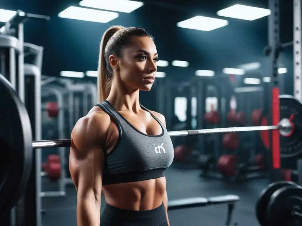 Empoderamiento fitness: mujer petite levantando pesas en gimnasio moderno Una mujer petite levanta pesas en un gimnasio moderno, rodeada de entrenadores