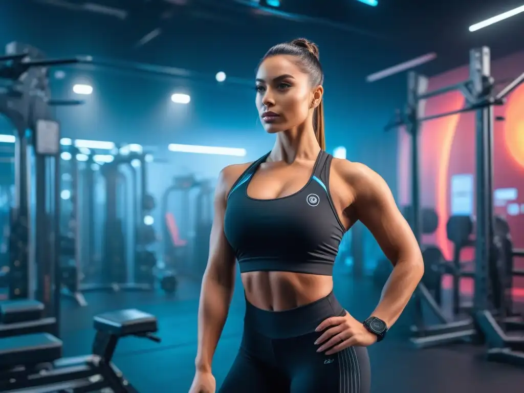 Empoderamiento femenino en un gimnasio futurista Una mujer petite levanta pesas en un gimnasio moderno y vibrante con citas motivadoras