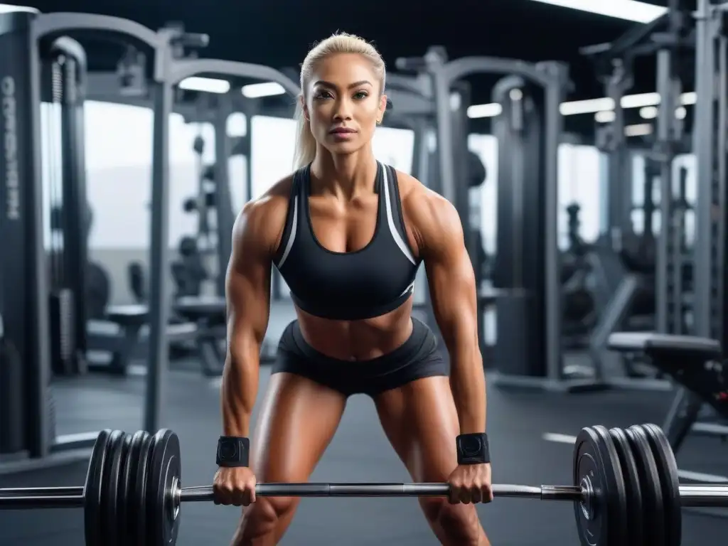 Empoderamiento en el gimnasio: mujer pequeña levanta pesas con confianza Una mujer petite levanta pesas con determinación en un gimnasio moderno y elegante