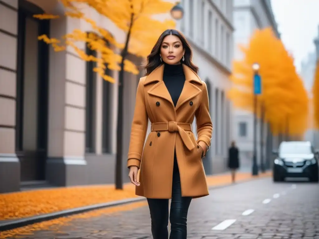 Chaqueta camel para mujer petite en la ciudad Mujer petite con abrigo camel caminando por la ciudad en otoño, resaltando la comodidad