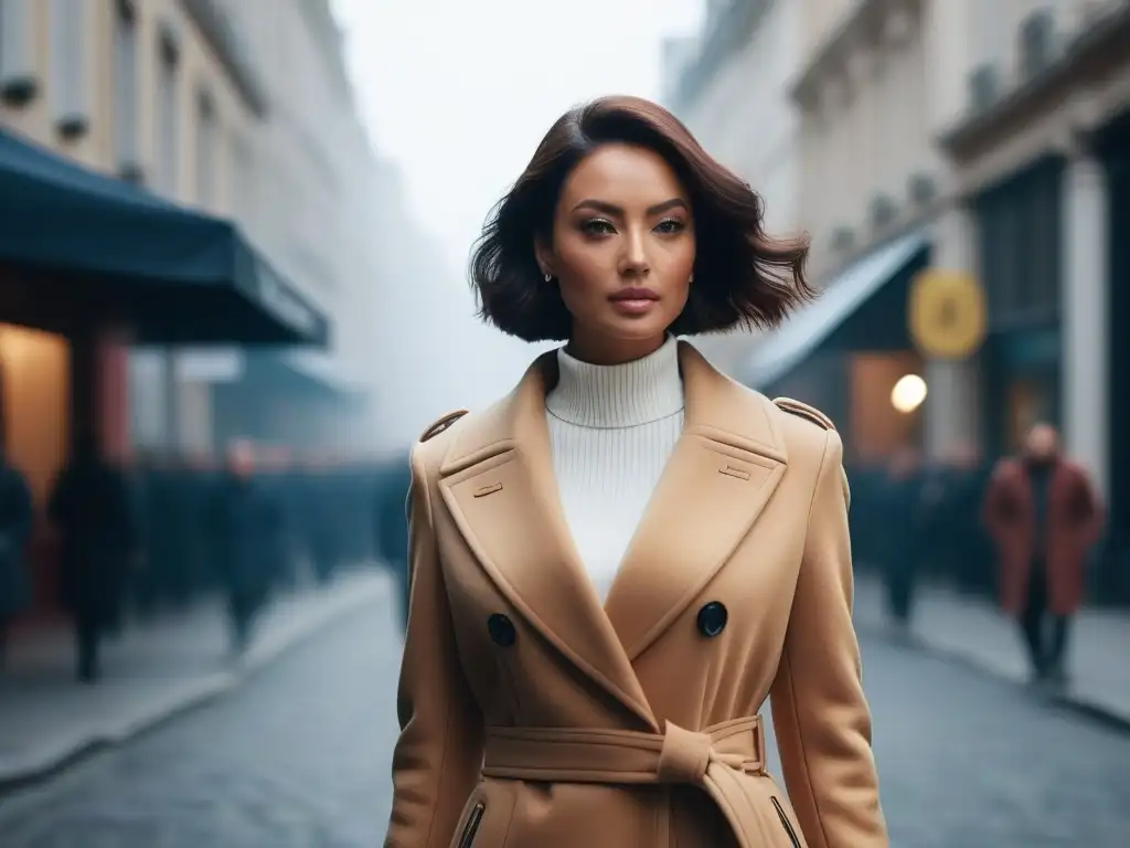 Chica elegante con abrigo moderno en la ciudad Una mujer petite con un abrigo perfecto para cuerpo petite caminando con confianza por la ciudad, mientras a su alrededor la gente la admira
