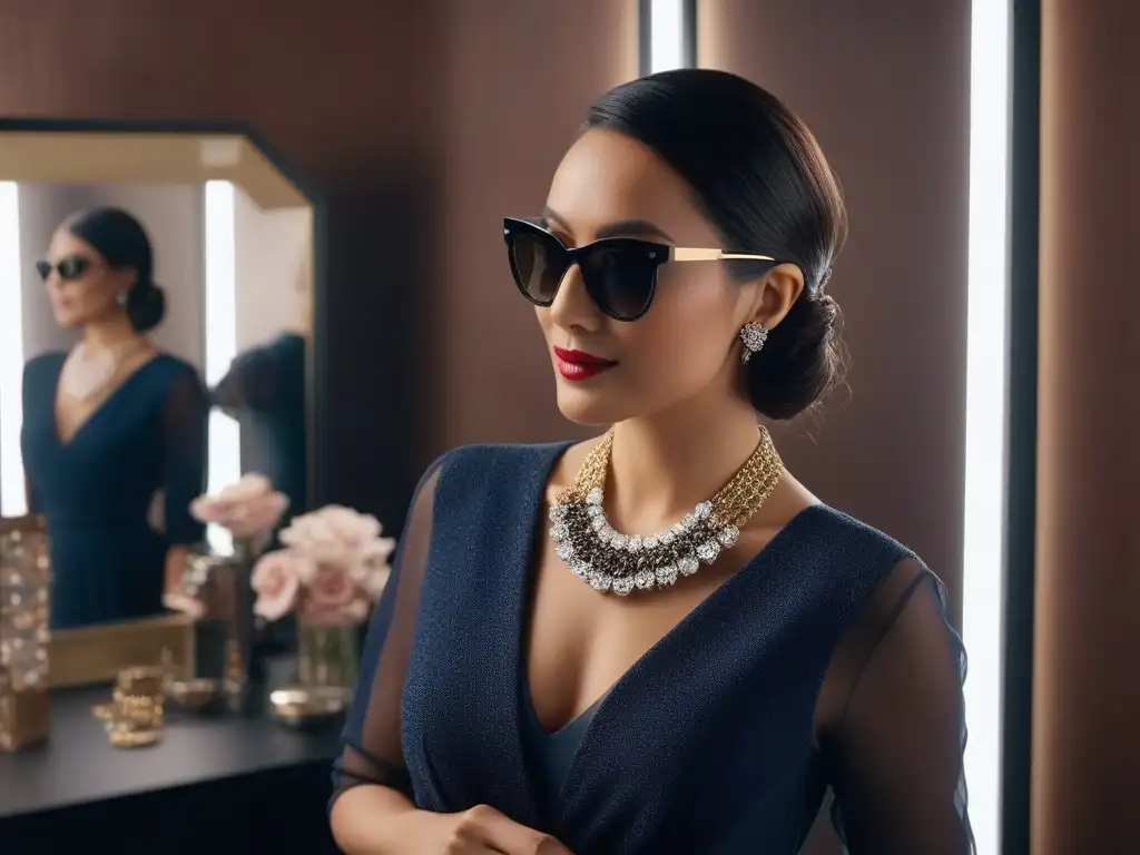 Estilo impecable: mujer petite con accesorios destacados Una mujer petite ajustando sus accesorios frente al espejo, sonriendo satisfecha