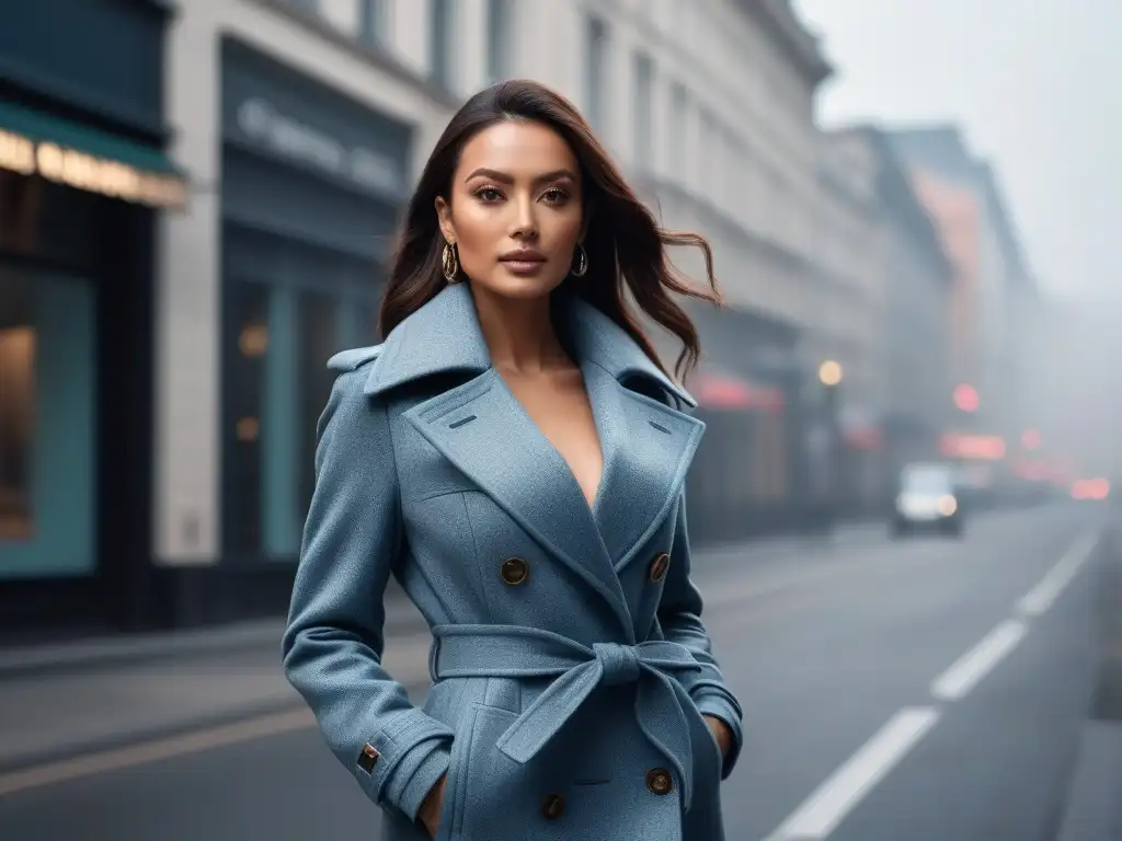 Chica elegante pasea con estilo en la ciudad luciendo un abrigo a medida Una mujer petite con actitud, luciendo un abrigo perfecto para cuerpo petite mientras camina con confianza por la ciudad