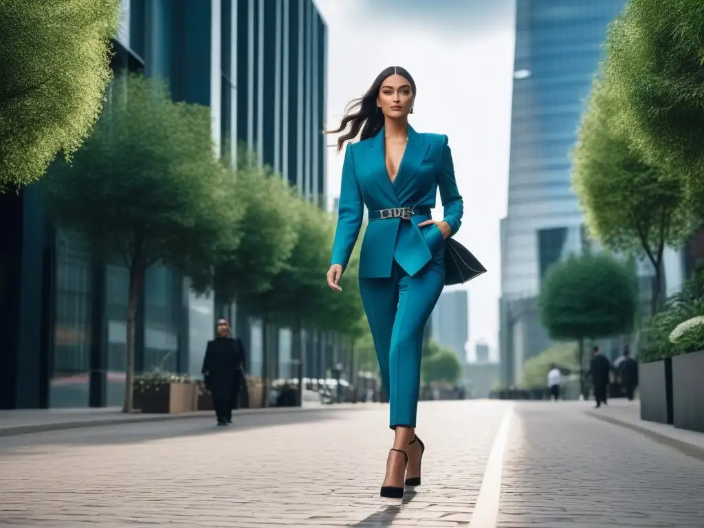 Empoderamiento y sofisticación: mujer petite con outfit innovador Una mujer petite con atuendo innovador camina segura en la ciudad