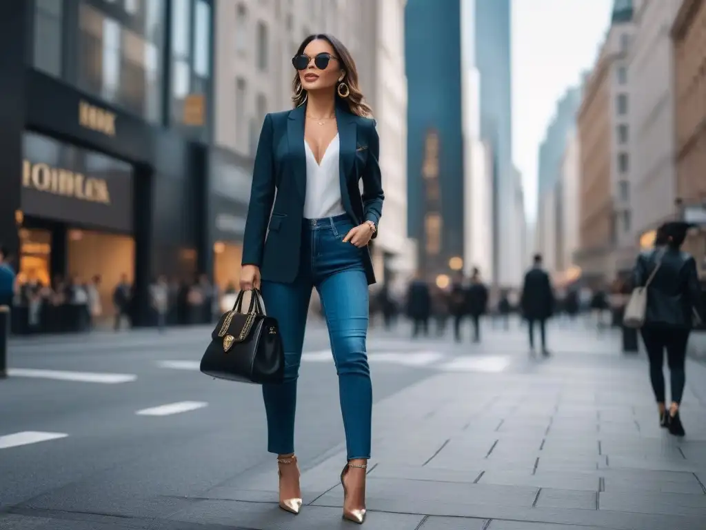 Estilo urbano: mujer segura en blazer a medida y tacones Mujer petite en la ciudad con estilo, ropa moda mujeres petite estilo, blazer y tacones, accesorios elegantes