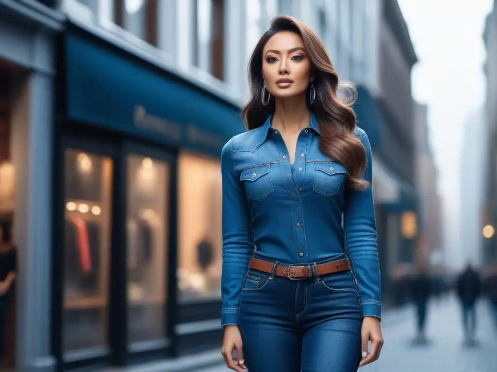 Estilo impecable: mujer petite con jeans perfectos en la ciudad Una mujer petite confiada camina por la ciudad luciendo unos jeans perfectamente ajustados