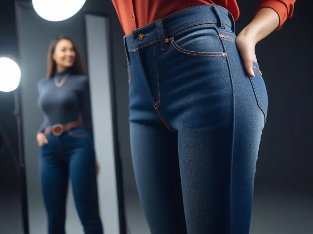 Jeans perfectamente ajustados: empoderamiento para mujeres pequeñas Una mujer petite confiada en sus Jeans perfectos cuerpos petite, reflejando estilo y elegancia en el espejo