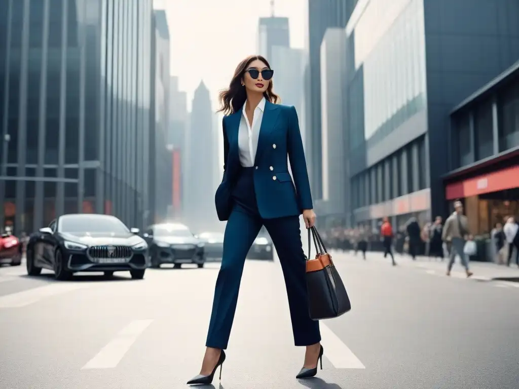 Estilo urbano: mujer segura deslumbrando en la ciudad Una mujer petite camina con confianza por la bulliciosa calle de la ciudad, luciendo un conjunto elegante y chic