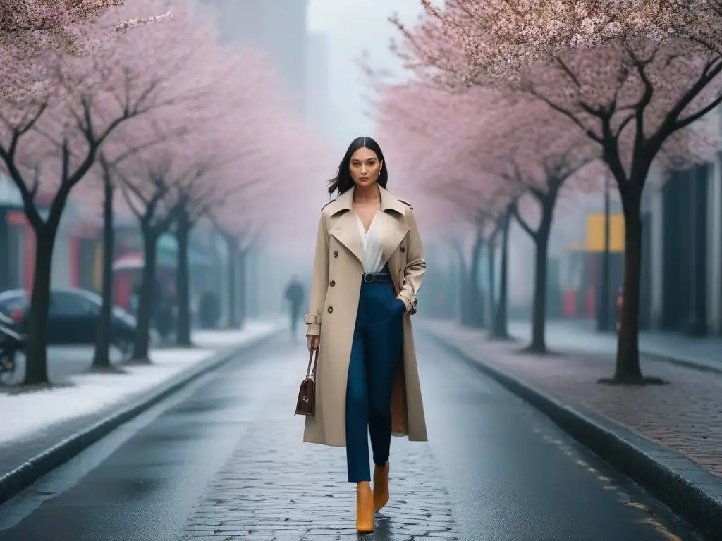 Estilo de transición: mujer segura de sí misma en la ciudad Una mujer petite camina con confianza por la calle, mostrando prendas de transición de invierno a primavera
