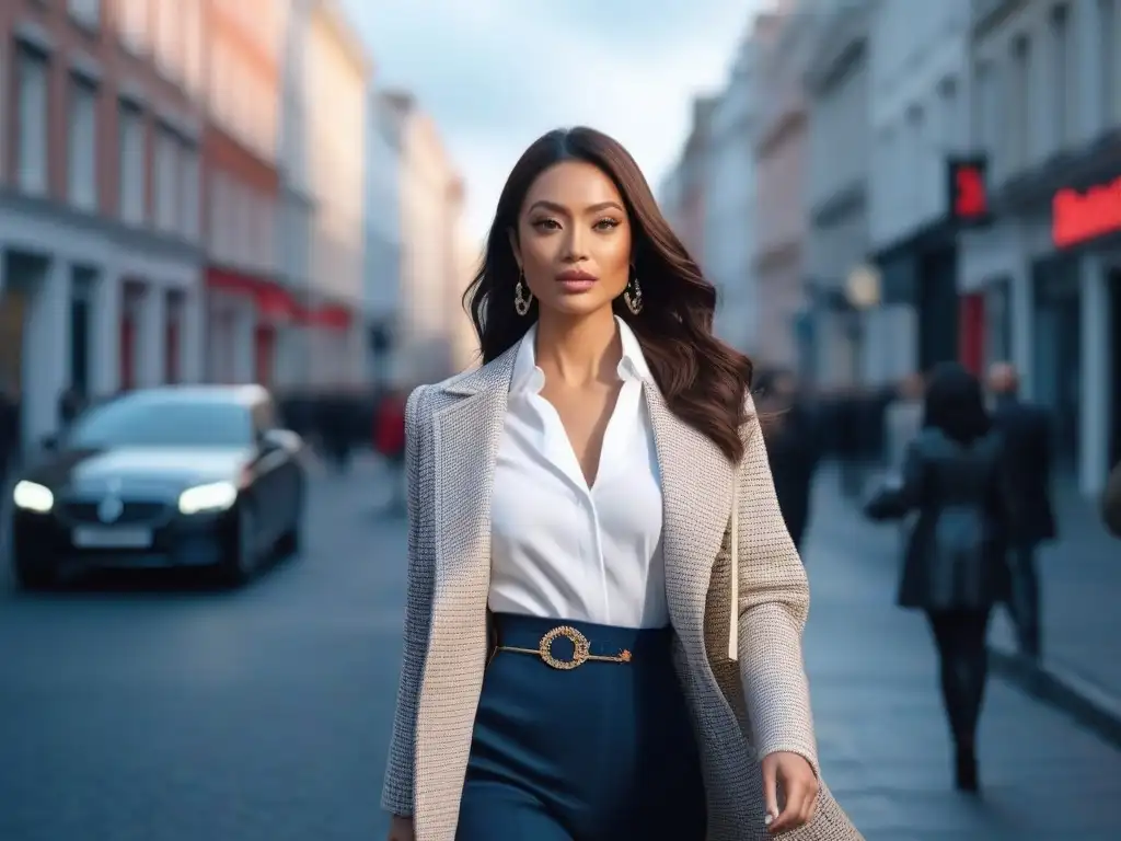 Moda petite: mujer segura y chic en la ciudad Una mujer petite desfilando con confianza en la ciudad, luciendo un atuendo chic que ejemplifica las compras inteligentes en moda petite