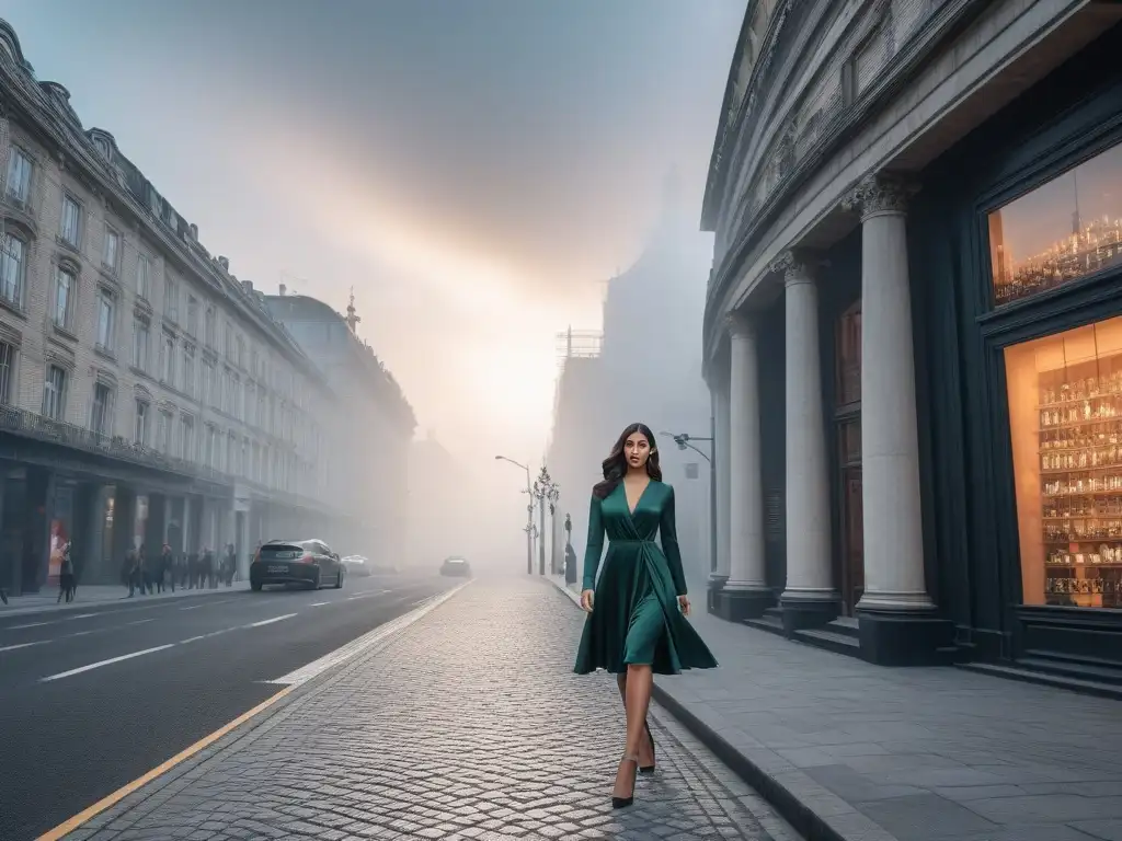 Vestido Petite: Elegancia urbana para mujeres pequeñas Una mujer petite con confianza paseando por la ciudad vistiendo un vestido perfecto para su figura, en un escenario urbano vibrante y chic