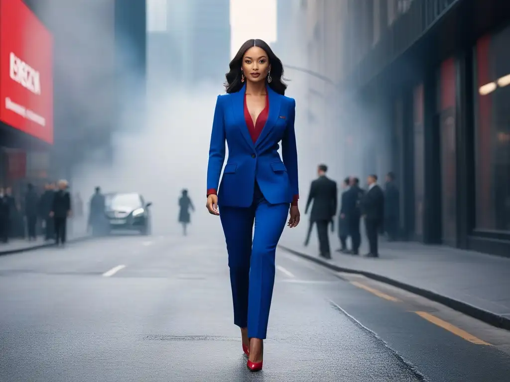 Poderío en la ciudad: mujer segura en traje empoderador Una mujer petite camina con confianza por la ciudad luciendo un elegante traje en color empoderador
