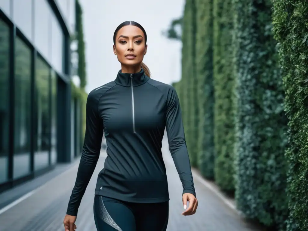 Empoderamiento en la ciudad: mujer pequeña con activewear innovador Una mujer petite camina con confianza en la ciudad luciendo tejidos adaptativos para silueta petite, fusionando estilo y funcionalidad