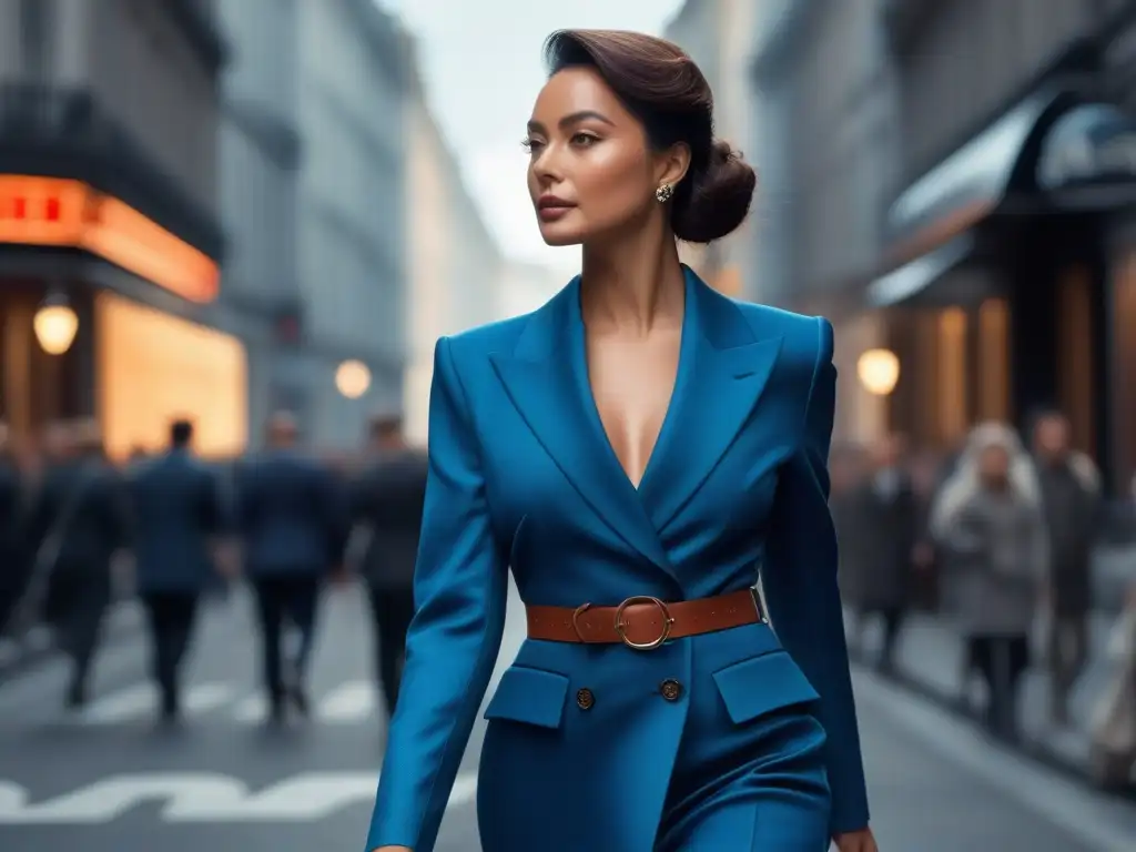 Estilosa mujer pasea con confianza en la ciudad Una mujer petite camina con confianza por una concurrida calle de la ciudad, luciendo un elegante atuendo monocromático que realza su silueta