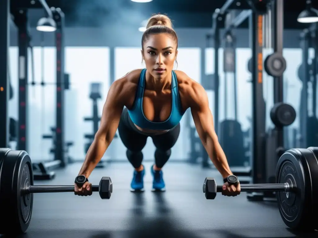 Empoderamiento fitness: mujer fuerte entrenando en gimnasio moderno Una mujer petite ejecuta con confianza ejercicios de fuerza en un gimnasio moderno, motivada por programas entrenamiento petite beneficios únicos