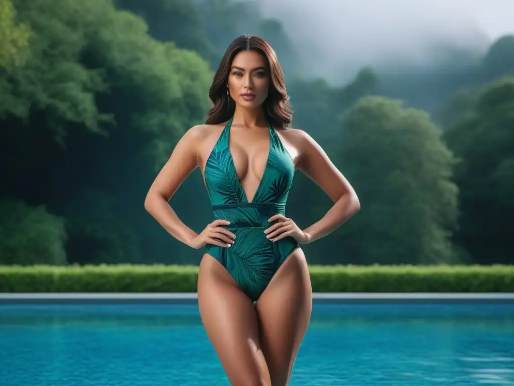 Una mujer petite luciendo confianza en un exclusivo traje de baño junto a una moderna piscina