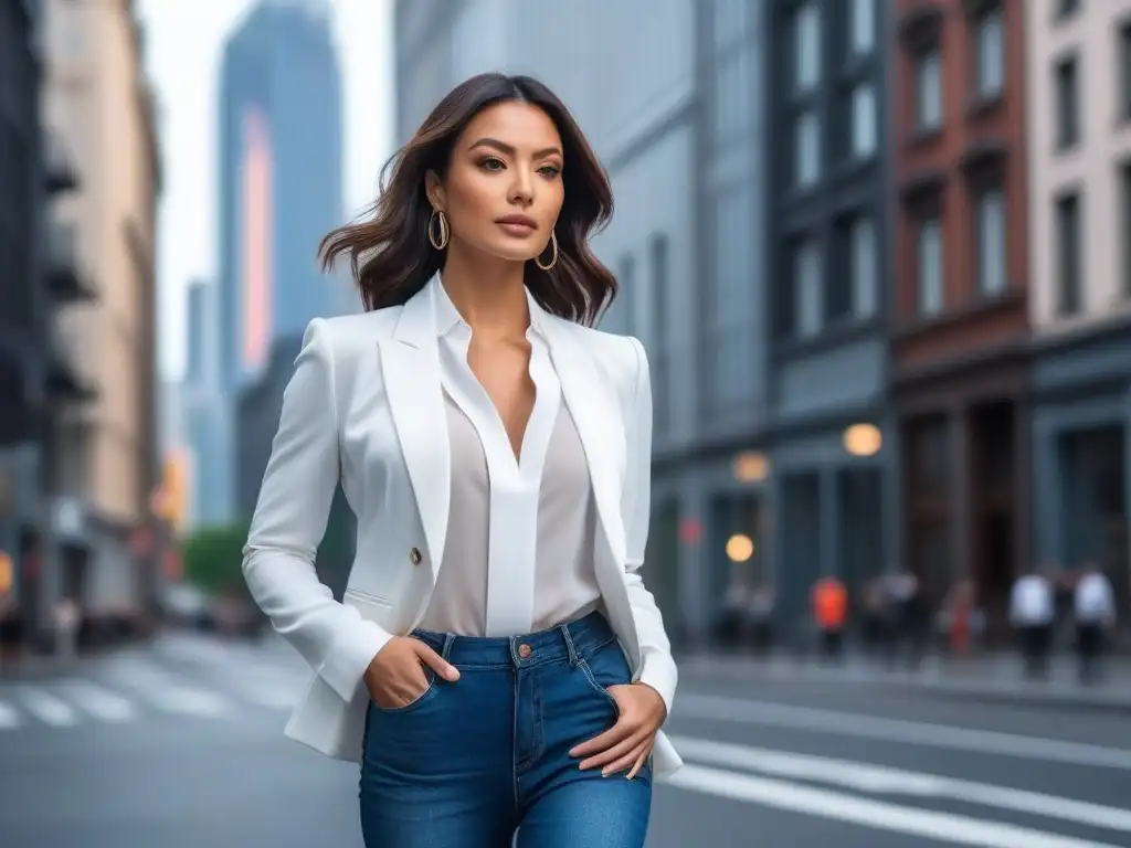 Estilo urbano: mujer petite con outfit a la moda en la ciudad Una mujer petite luciendo con confianza jeans para mujeres petite en una ciudad moderna