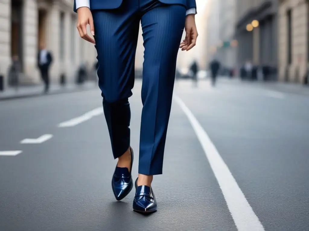 Elegante mujer en traje azul caminando por la ciudad con confianza Una mujer petite desfila con confianza en traje azul a medida en la bulliciosa ciudad