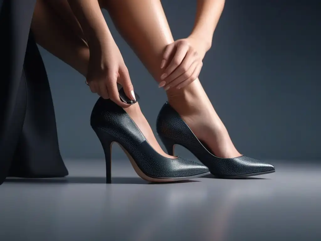 Reparación de tacón: delicadeza y profesionalismo Una mujer petite repara con cuidado el tacón de su zapato con un kit moderno