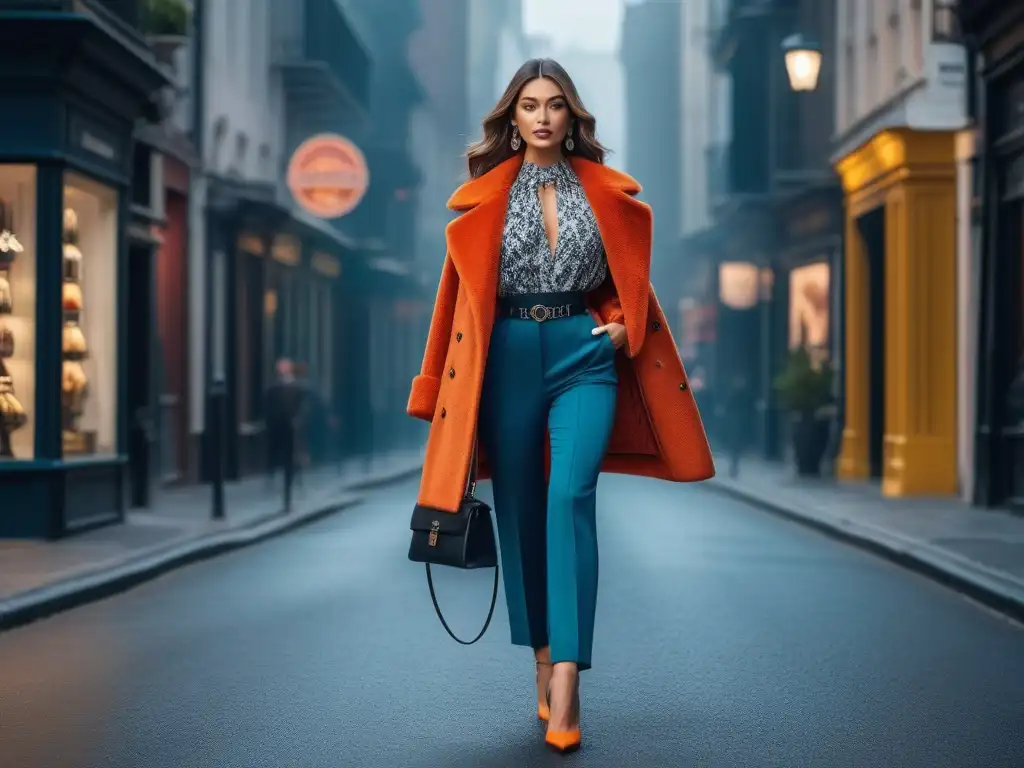 Paseo urbano: moda audaz en mujer petite Una mujer petite deslumbrante en la ciudad con moda impactante de colores y estampados