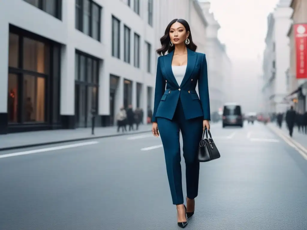 Empoderamiento urbano: mujer segura y elegante Una mujer petite deslumbrante camina con confianza por la calle, luciendo un estilo impecable y elegante