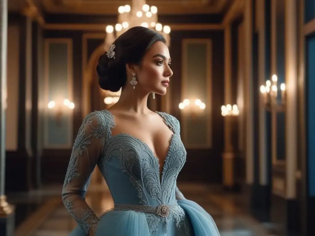 Elegancia atemporal: mujer en vestido de noche deslumbrante Una mujer petite deslumbrante en un elegante vestido de noche, exhibiendo confianza y elegancia al bajar una majestuosa escalera