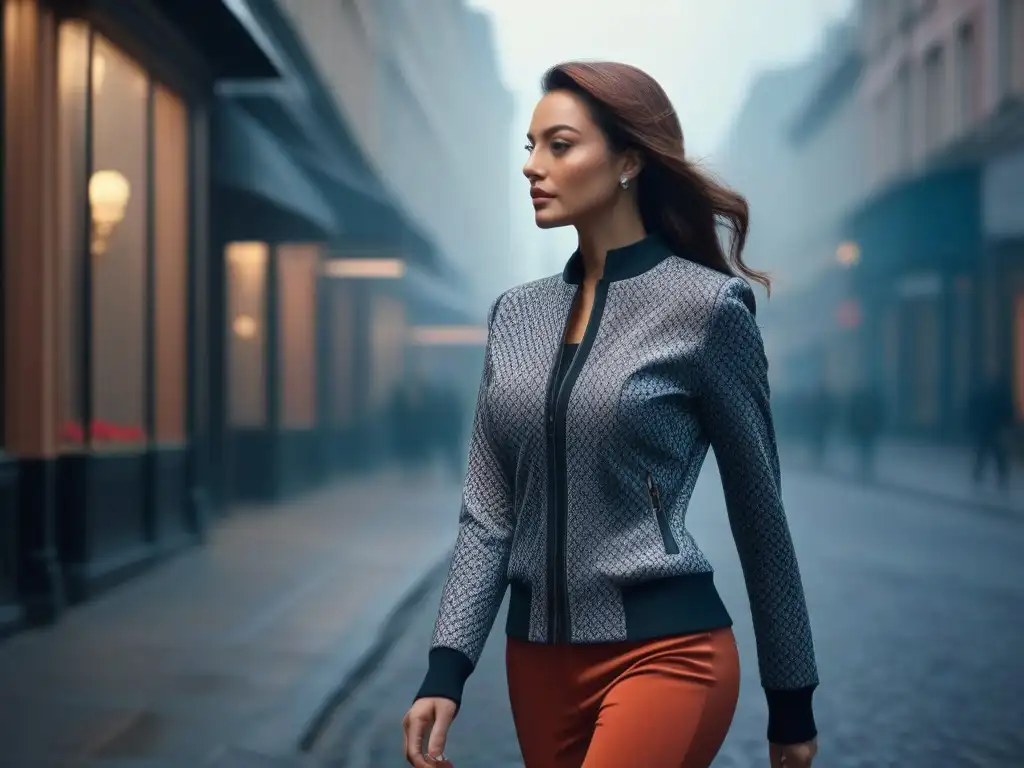 Elegante mujer petite con ropa innovadora y ciudad vibrante Una mujer petite deslumbrante con tejidos adaptativos para silueta petite en la ciudad