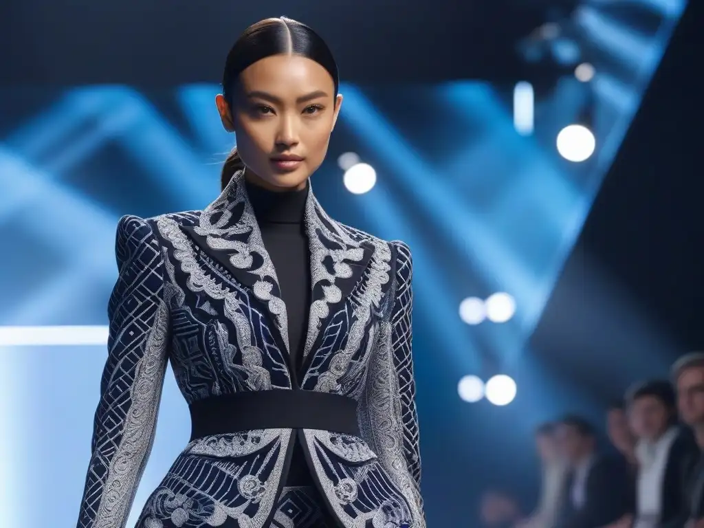 Desfile futurista: moda elegante y tecnología LED en pasarela Una mujer petite desfila con elegancia en la pasarela futurista, luciendo un atuendo único que fusiona tradición y tecnología