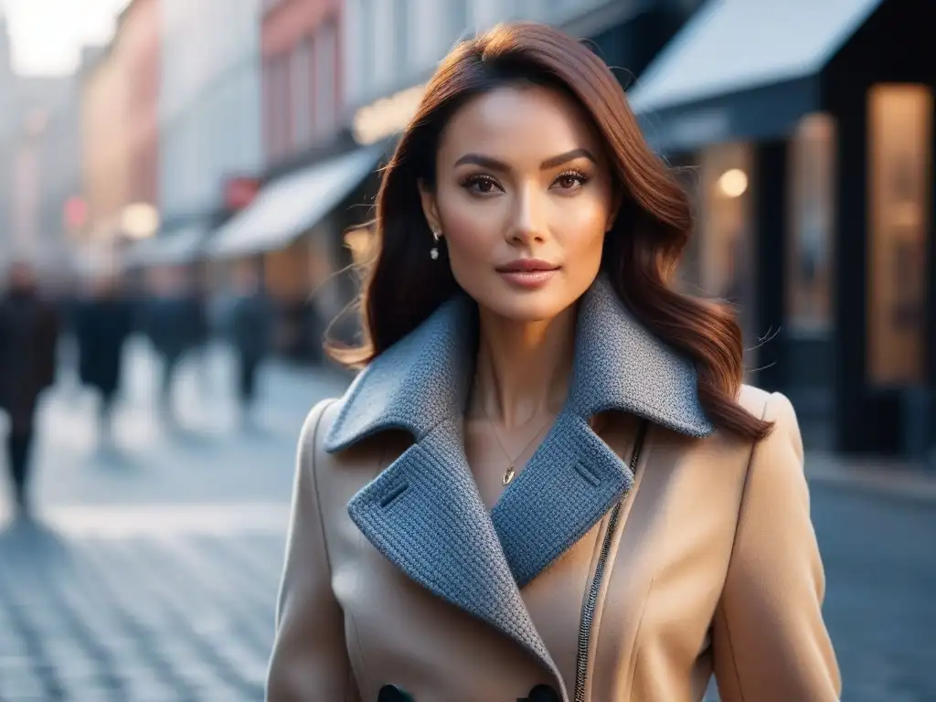 Estilo y elegancia: mujer petite luciendo un abrigo chic en la ciudad Una mujer petite y elegante lleva un abrigo chic mientras camina por una concurrida calle de la ciudad