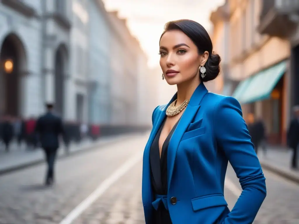 Estilo impecable: mujer elegante con blazer a medida y accesorios chic Una mujer petite elegante destacando con accesorios chic en ambiente urbano sofisticado