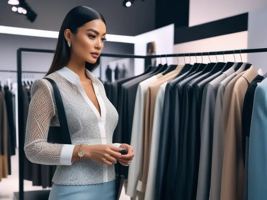 Explorando la moda petite en boutique de lujo Una mujer petite examina con determinación un elegante atuendo en una lujosa boutique