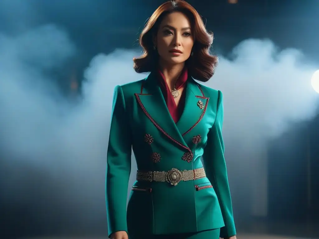Elegante mujer petite en outfit monocromático Una mujer petite viste un elegante atuendo monocromático en un tono de joya, realzando su figura