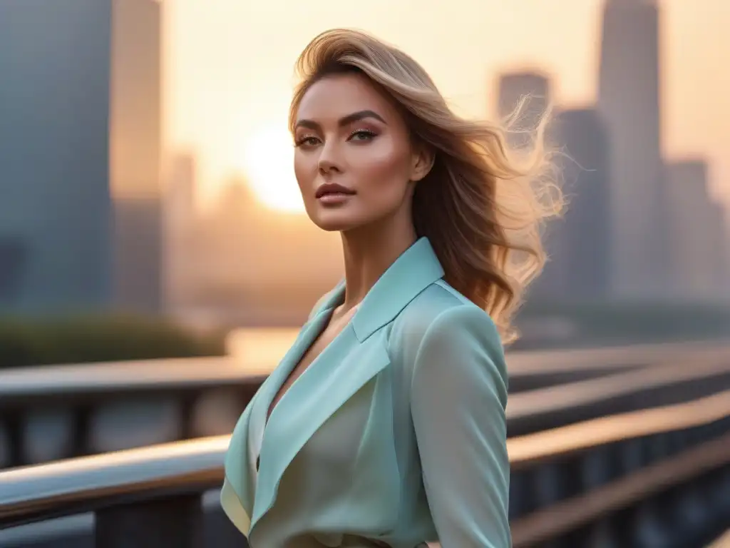 Mujer elegante y moderna en la ciudad al atardecer Mujer petite elegante en capas pastel frente a la ciudad al atardecer, irradiando confianza