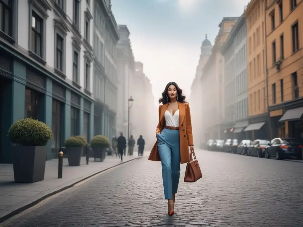Estilo y empoderamiento: mujer petite deslumbrante en la ciudad Una mujer petite elegante camina con confianza en una calle de la ciudad