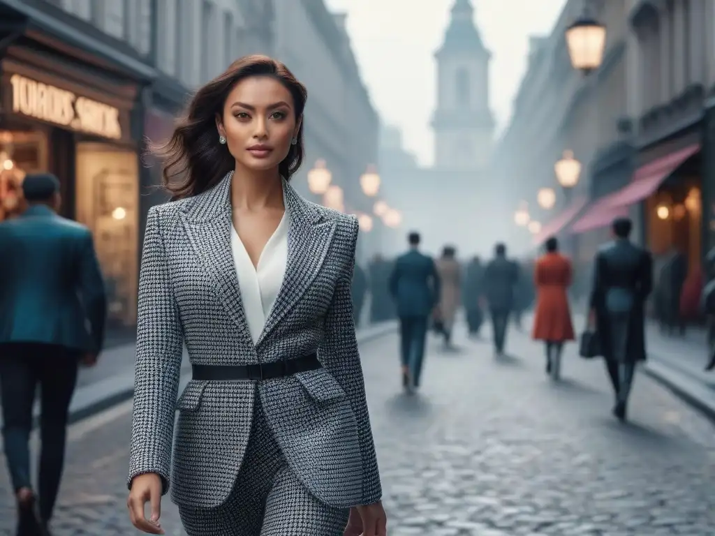 Moda urbana 2023: mujer chic y confiada en la ciudad Una mujer petite y elegante desfila con confianza por la ciudad, luciendo las últimas tendencias de moda para mujeres petite en 2023